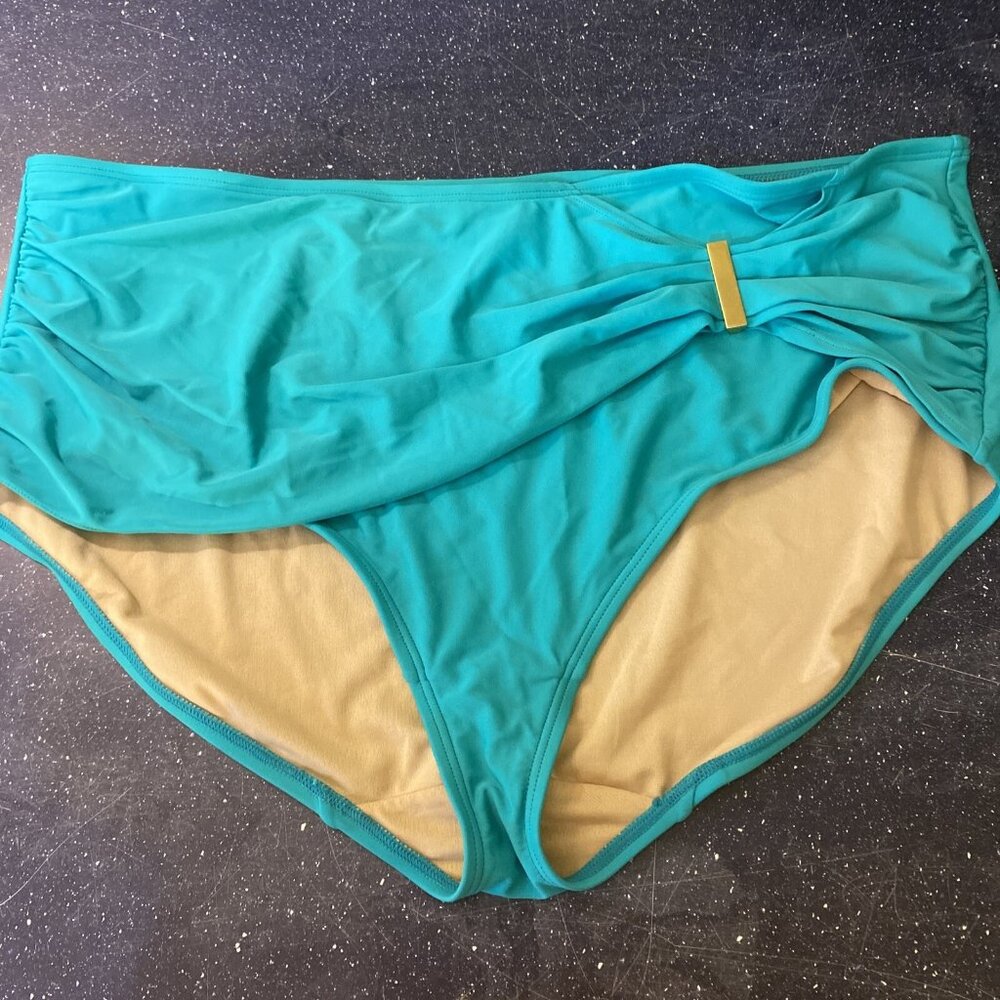 NWOT SWIM by CACIQUE Turquoise Brief Bottoms Swim Wear Gold Bar Accent Sz 28